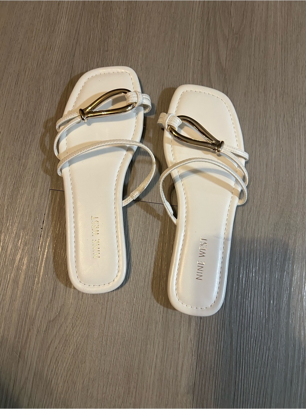 Nine West White Double-Strap Slide Sandals with Gold Loop